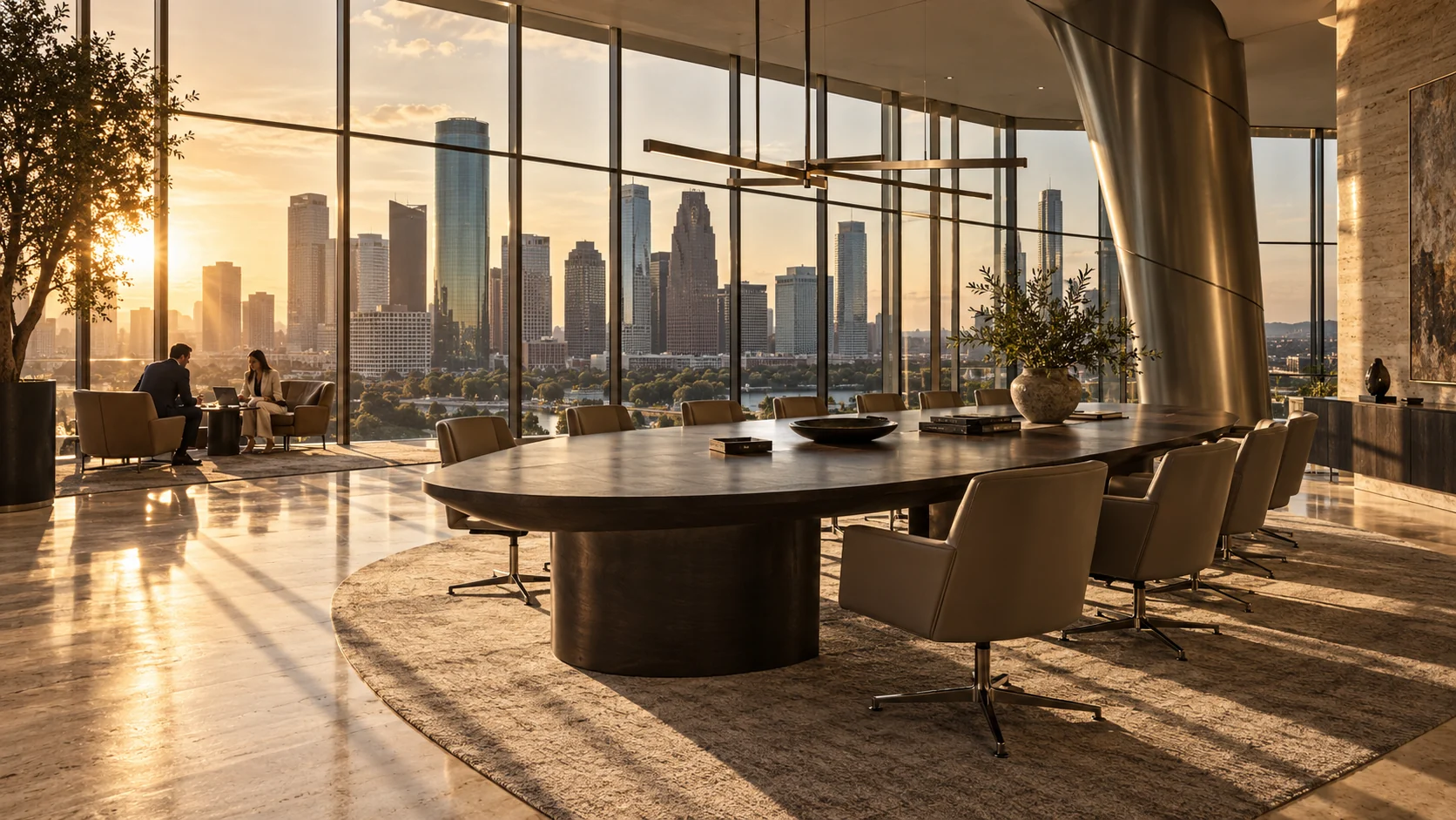 Illustrative contemporary corporate workspace in warm natural light